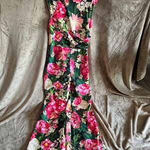Tadashi Shoji Green Jumpsuit with Pink and White Floral Print